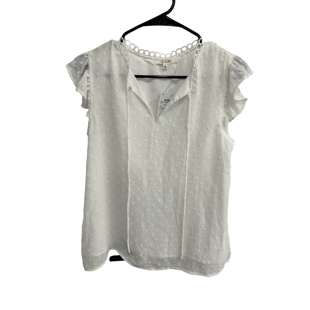 Sage & Citrus Swiss Dot Tie Neck Short Sleeve Blouse White Sz Medium Ruffle NWT